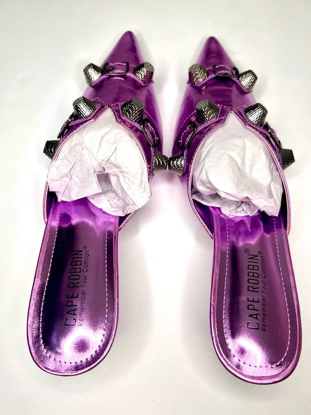 Metallic Embellished Purple Mules w/ Industrial Hardware Studded Metal Accents - Picture 2 of 13